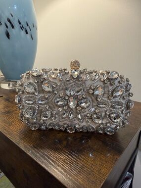 Embellished Champagne Colored Beaded Crystal Clutch - Designer Style